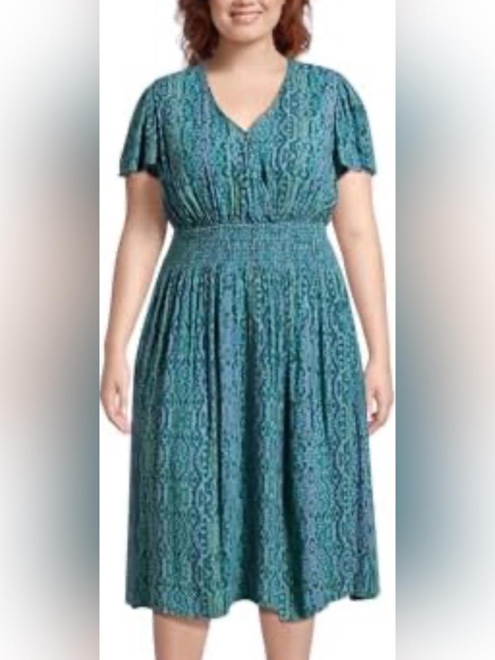 Terra & Sky Teal Smocked-Waist Midi Paisley Dress 3X 24/26
